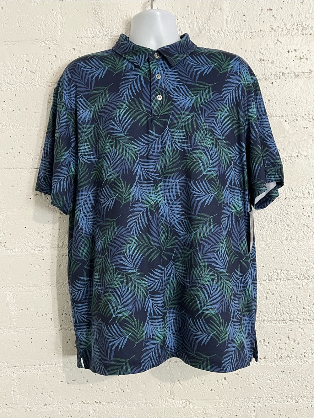 Ben Hogan Mens Polo Golf Shirt XL Blue Tropical Palm Leaf Short Sleeve Stretch